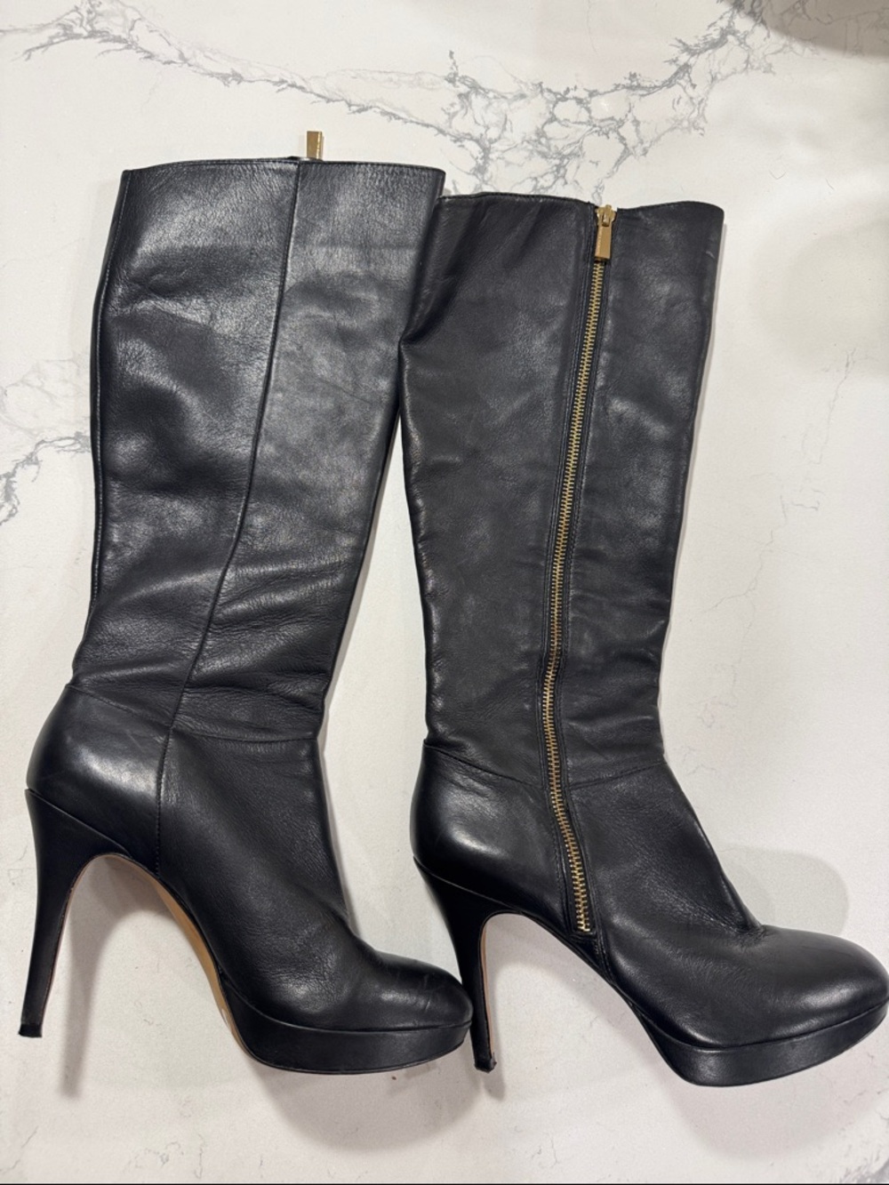 Black Leather Knee-High Stiletto Boots with Side Zip